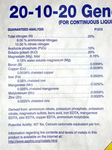 Étiquette typique d'un engrais soluble dans l'eau