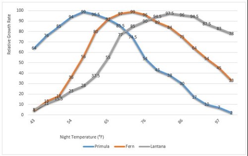 This chart shows the growth rate of three different crops based on night temperature